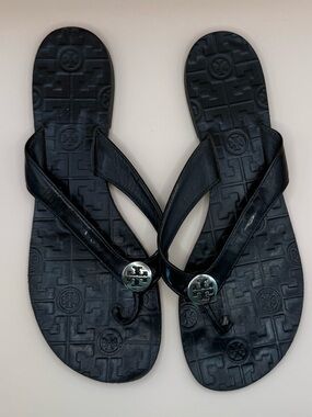 Tory Burch Black Leather Thong Slide Sandals Logo Size 10M